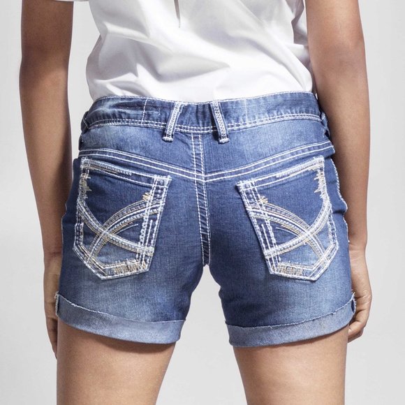 OLGYN Women’s Stretch Medium Blue Denim Shorts - Picture 2 of 3